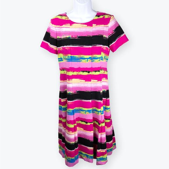 Tahari ASL Hot Pink Striped Scuba Pleated Fit-and-Flare Dress 4 - Picture 1 of 11